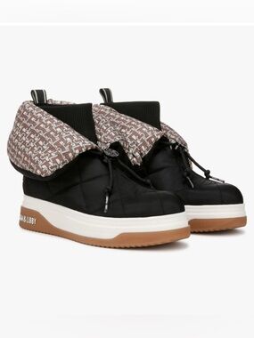 Sam & Libby Cruz Fold Over Puffer Bootie Black and Tan Patterned.NWBox Size 7